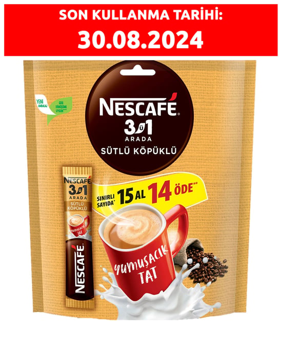 Nescafe 3'ü 1 Arada 17,4 gr 15'li Paket Sütlü Köpüklü