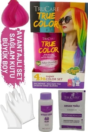 Trucare Truecolor Şeker Pembesi Saç Boyası Seti Saç Açıcı ve Eldivenli