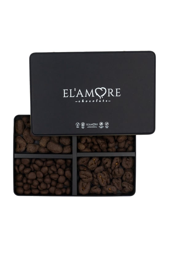 Elamore Çikolata Şeker Ilavesiz, Glütensiz, Vegan Mix Bitter Çikolata - Büyük Metal Kutu, 400 Gr