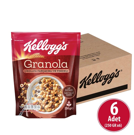 Kellogg's Çikolata Parçacıklı ve Fındıklı Granola 250 Gr X 6 Adet