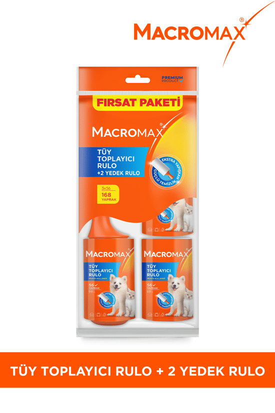 Macromax Tüy Toplayıcı Fırsat Paketi 1 Rulo ve 2 Yedek Rulo (toplam 168 Yaprak)