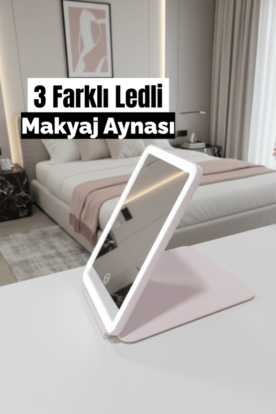 Pure Es Mini Dairesel LED Işıklı Katlanabilir Makyaj Aynası – Kompakt Tasarım Beyaz