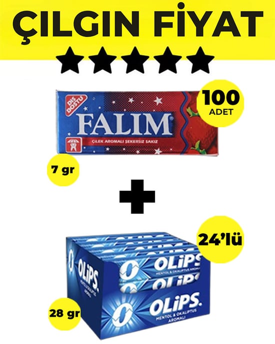 Falım Çilek Aromalı Sakız (5'li 7gr X 100 Adet) - Olips Mentol Okaliptus Şeker 24’lü Paket (28gr X 24 Adet) Avantajlı Falım-olips Paketi