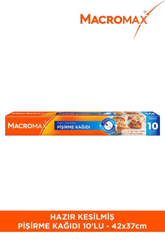 Macromax Hazır Kesilmiş Pişirme Kağıdı 10 Adet Standart Fırın Tepsisi Boyutu (42x37 Cm)