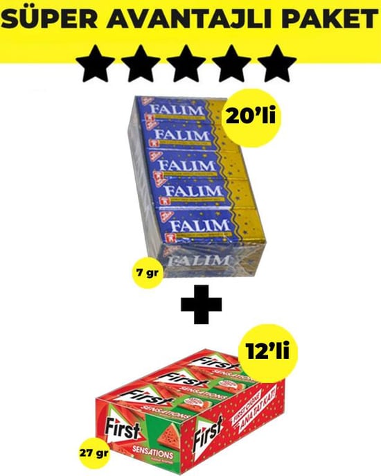 Falım Damla Aromalı Sakız (5'li X 20 Adet)- First Sensations Karpuz Aromalı Sakız (27gr X 12 Adet) - Avantajlı Falım First Paketi