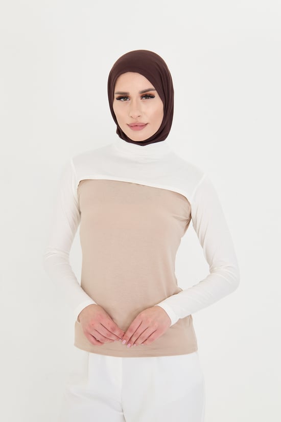 Hürrem Bone Krem Tesettür Balıkçı Yaka Boyunluklu Kolluk Viskon Düz 1025_40
