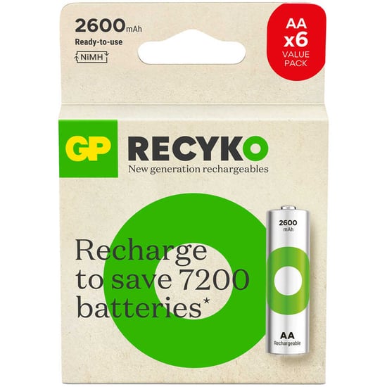 Gp Batteries Recyko 2600mah Aa Kalem Ni-mh Şarjlı Pil, 1.2 Volt, 6'lı Kart