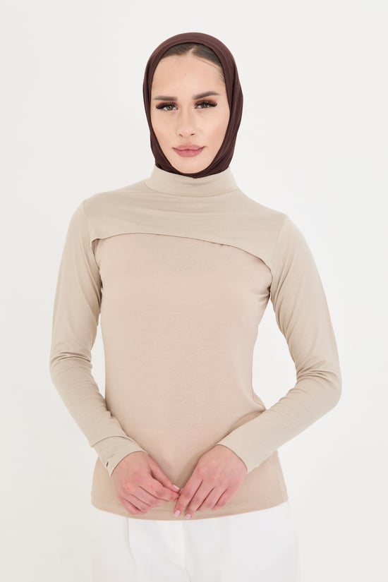 Hürrem Bone Bej Tesettür Balıkçı Yaka Boyunluklu Kolluk Viskon Düz 1025_12