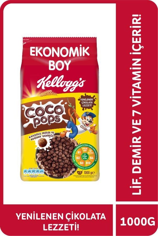 Kellogg's Coco Pops Çikolatalı Buğday ve Mısır Gevreği 1000 Gr, Lif,demir ve 6 Vitamin İçerir