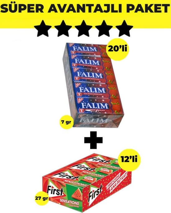 Falım Çilek Aromalı Sakız (5'li X 20 Adet)- First Sensations Karpuz Aromalı Sakız (27gr X 12 Adet) - Avantajlı Falım First Paketi
