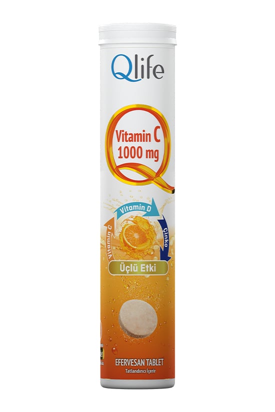 Qlife Günlük C Vitamini 1000mg Takviyesi + D Vitamini + Çinko 20 Efervesan Tablet