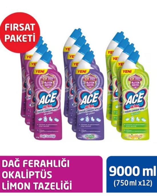 Ace Ultra Yoğun Kıvamlı Çamaşır Suyu Fırsat Paketi 12'li 9000 Ml