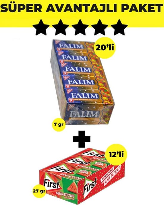 Falım Karışık Meyve Aromalı Sakız (5'li X 20 Adet)- First Sensations Karpuz Aromalı Sakız (27gr X 12 Adet) - Avantajlı Falım First Paketi