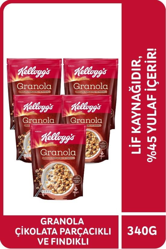 Kellogg's Granola Çikolata Parçacıklı ve Fındıklı 340 Gr X 5 Adet, %44 Yulaf, Lif Kaynağı, Kahvaltılık Gevrek