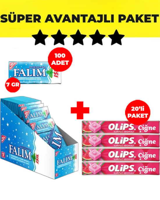 Falım (5'li 8gr X 100 Adet) - Olips (28gr X 20) Avantajlı İşıl Sakız ve Olips Çiğne Karpuz Şekerleme Paketi