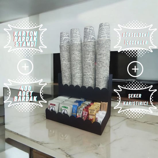 Alis Cup Karton Bardak ve İkram Standı–8 Oz Uyumlu/Kahve & Şeker & Karıştırıcı Seti/Karton Bardaklık