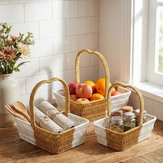 Buffer® İç İçe Geçebilen 3’lü Çift Renkli Dikdörtgen Formlu Kalp Saplı Plastik Rattan Sepet Seti – H
