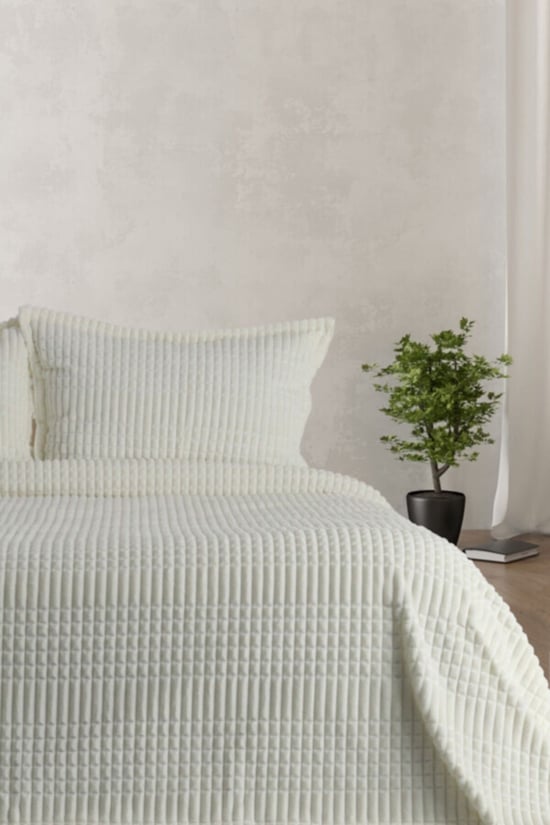 Merinos Modern Line 3 Parça Battaniye Seti - KEMİK-Ekru