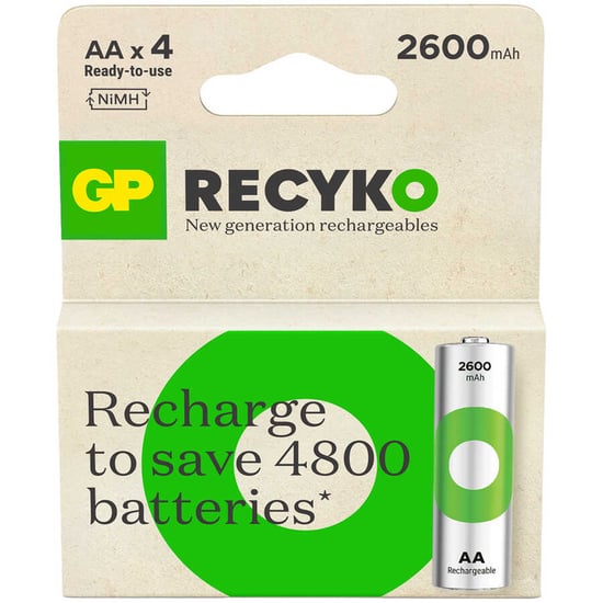 Gp Batteries Recyko 2600mah Aa Kalem Ni-mh Şarjlı Pil, 1.2 Volt, 4'lü Kart