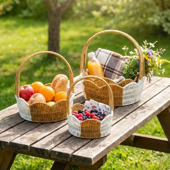 Buffer® İç İçe Geçebilen 3’lü Çift Renkli Yuvarlak Dalgalı Formlu Saplı Plastik Rattan Sepet Seti –