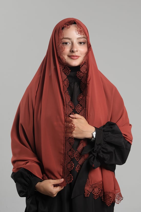 Hürrem Bone Kiremit Namaz Başörtüsü Şal Şifon Güpürlü 202106_05