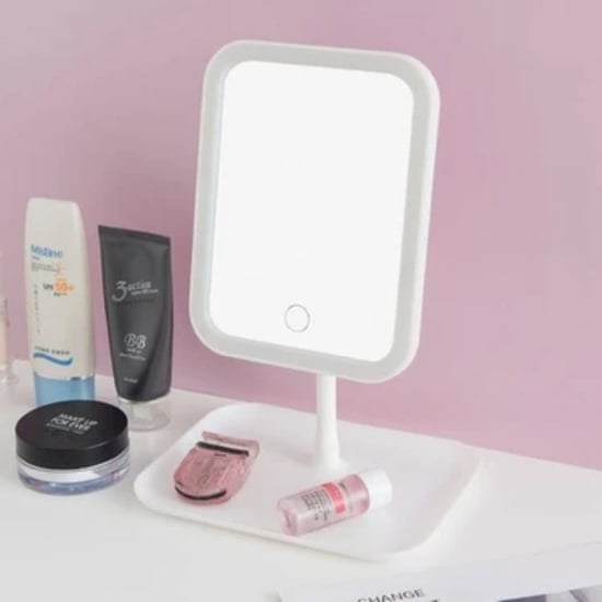 Buffer® Dokunmatik Led İşıklı Kare Makyaj Aynası – Altı Organizer Kaseli, Ayarlanabilir Aydınlatmalı
