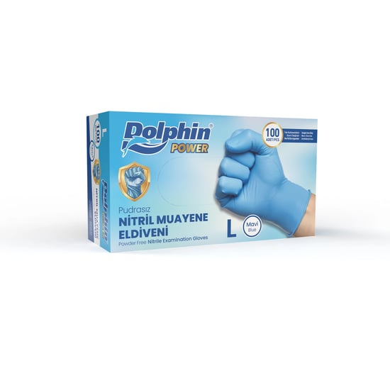 Dolphin Pudrasız Kalın Mavi Nitril Muayene Eldiveni L Beden 100 Adet -mdr
