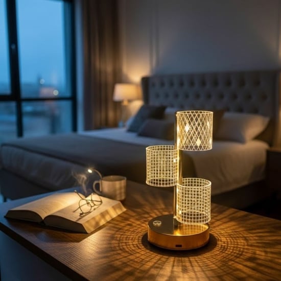 Buffer® 3 Parça silindirik kristal Ekose Kareli Led Masa Lambası – Gold Gövdeli, Dokunmatik, 3 Kadem