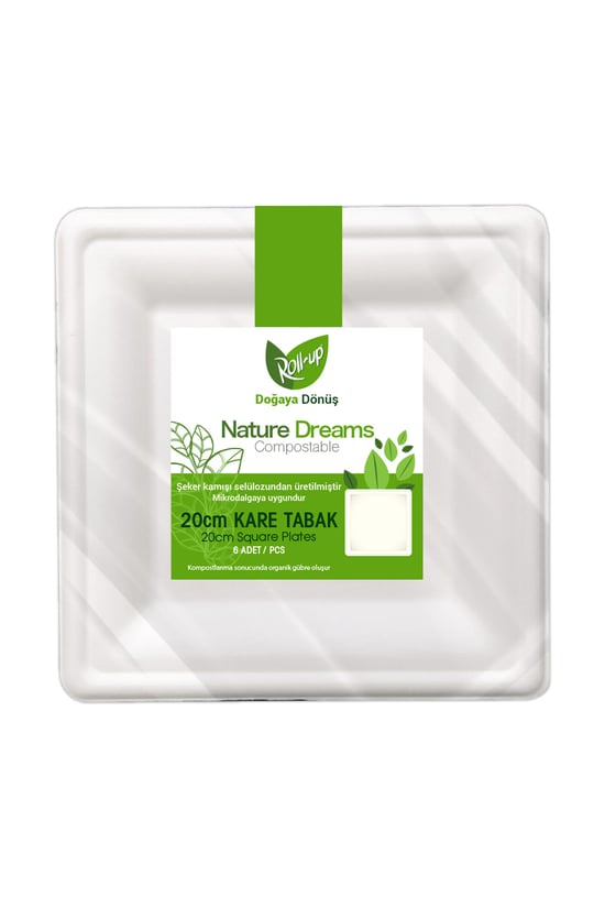 Roll-up Doğa Dostu Kare Karton Tabak 20cm 6 Adet