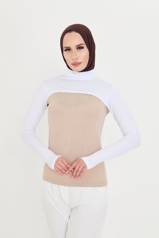 Hürrem Bone Beyaz Tesettür Balıkçı Yaka Boyunluklu Kolluk Viskon Düz 1025_42