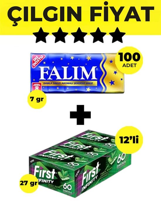 Falım (5'li 7gr X 100 Adet)- First (27gr X 12) Avantajlı Falım Damla Sakız ve First 60 Dakika Yeşil Nane Sakız