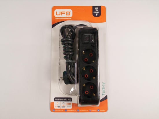 Ufo 3'lü 1.5 Metre Anahtarlı Akım Korumalı Grup Priz Siyah