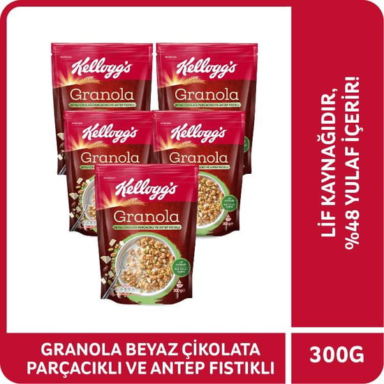 Kellogg's Granola Beyaz Çikolata Parçacıklı&antep Fıstıklı 300gr X 5 Adet, %46 Yulaf İçerir, Lif Kaynağı