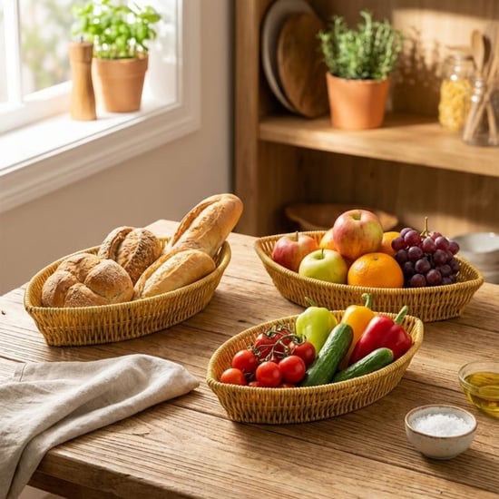 Buffer® 3’lü Kayık Formlu Plastik Rattan Sepet Seti–hasır Görünümlü ekmek, Meyve ve Sunum Sepetleri,