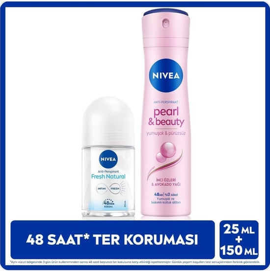 Nivea Kadın Sprey Deodorant Pearl&beauty 150ml ve Mini Roll-on Fresh Natural 25ml, Ter Koruması