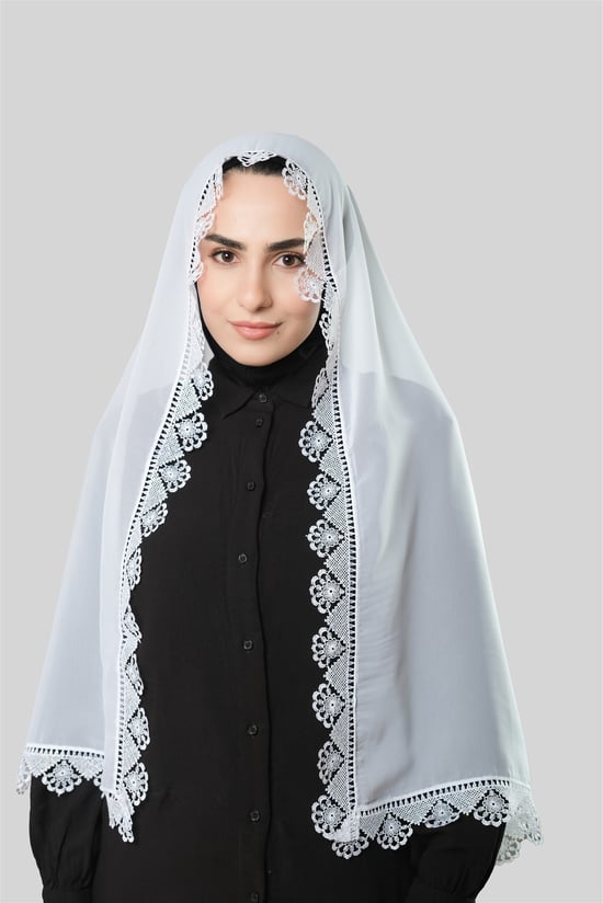 Hürrem Bone Beyaz Namaz Başörtüsü Şal Şifon Güpürlü 202106_42