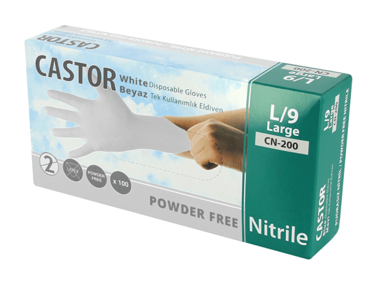 Castor Cn-200 Pudrasız Beyaz Nitril Kullan At Muayene Eldiveni L/9