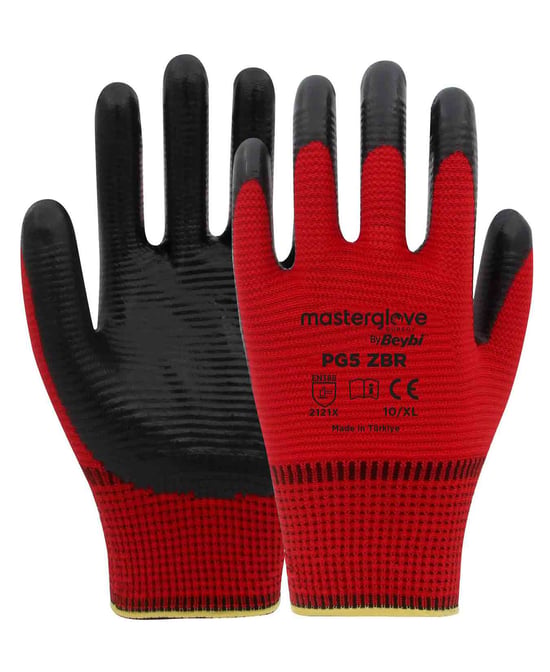 Master Glove Pg5 Zebra Kırmızı Polyester Örme Nitril İş Eldiveni 10 Beden