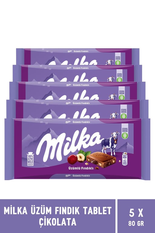 Üzüm Fındık Tablet Çikolata 80 Gr - 5 Adet