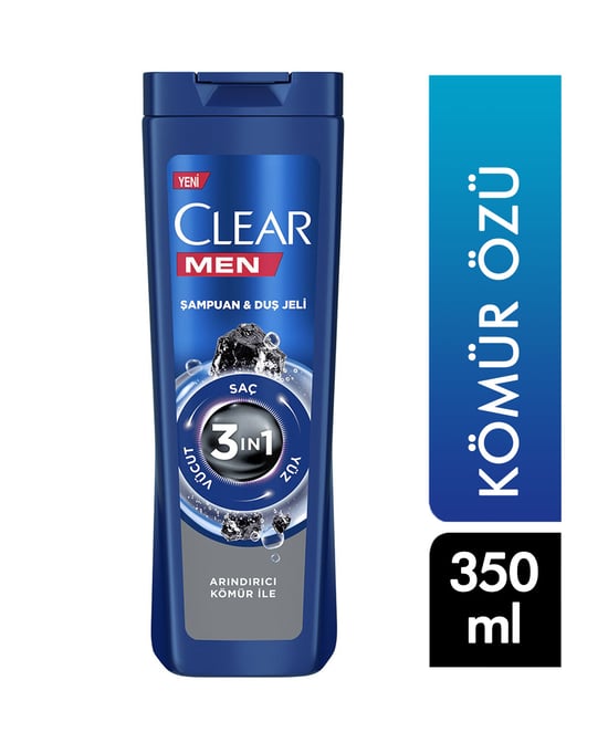 Clear Şampuan 350 Ml men 3 In 1 Şampuan & Duş Jeli Arındırıcı Kömür Saç Yüz Vücut Için