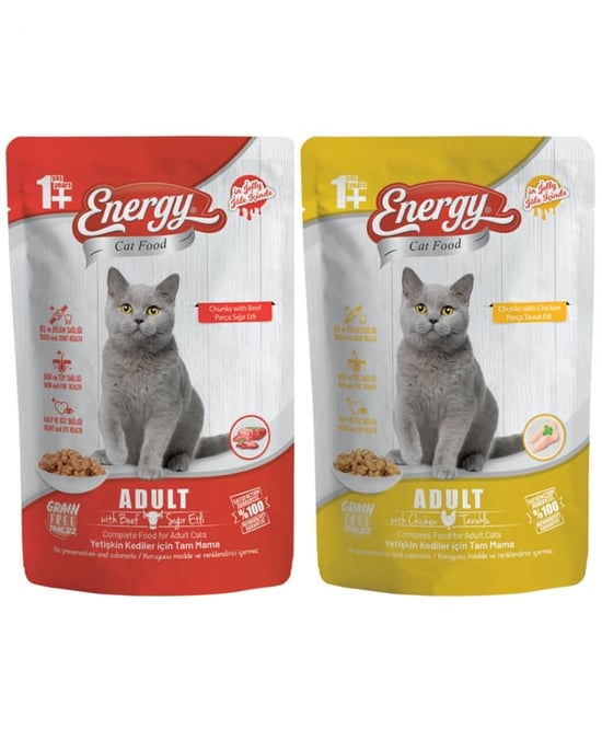 Energy Kedi Maması İslak Yetişkin Sığır Etli 85gr & Yetişkin Tavuklu 85gr Karma Paket